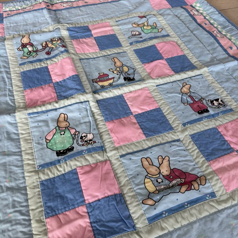 Vintage Daisy Kingdom Baby Quilt Bunnies Pink Blue Nursery Blanket 38x46 Cottage